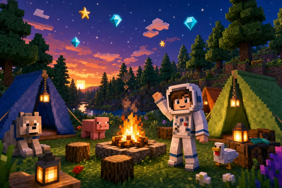 Campamento gamer estilo Minecraft