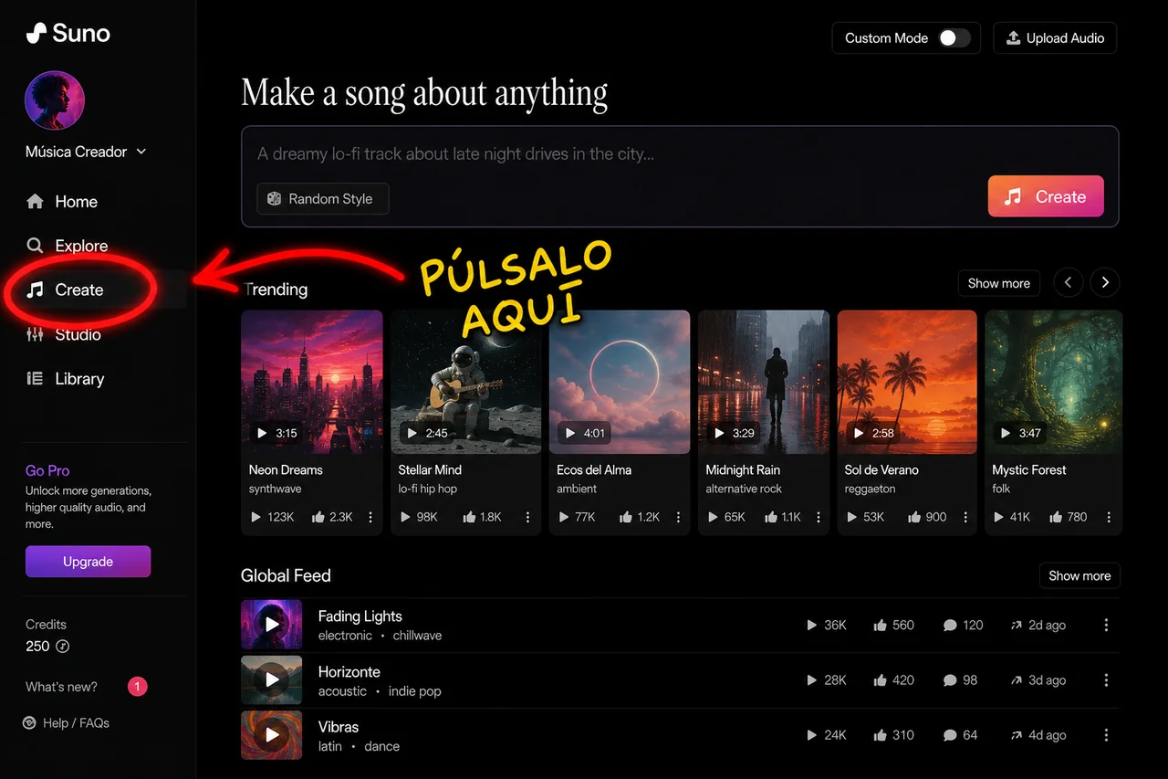 Captura: menú izquierdo de Suno con Create marcado