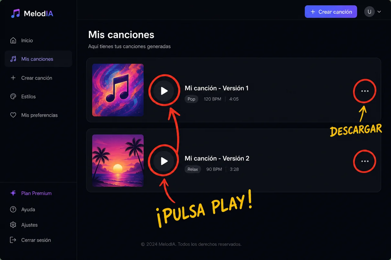 Captura: dos canciones con play y descargar marcados